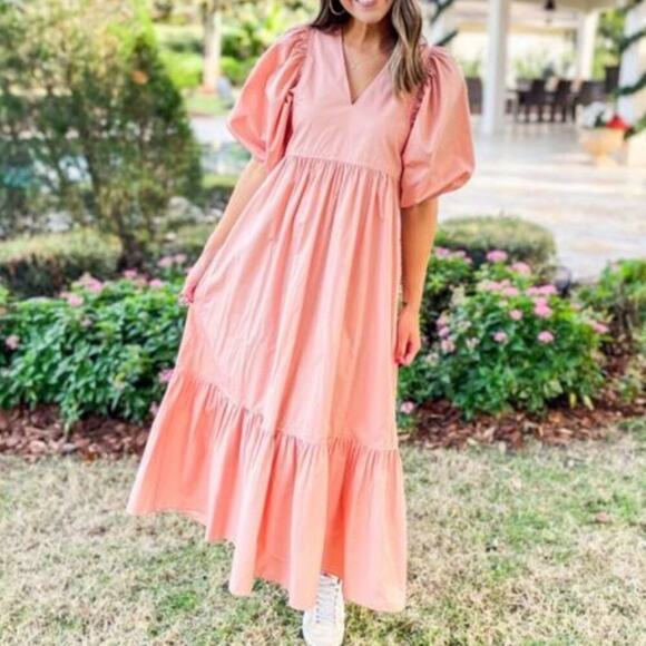 Anna Cate Blush Peach Boho Puff Sleeve Midi Dress Size Small